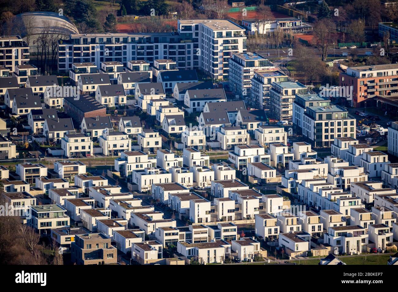 Aerial photo, apartment buildings, new development area Gartenstadt Reitzenstein, site of the former Reitzenstein Kaserne, Düsseldorf, Rhineland, Nort Stock Photo