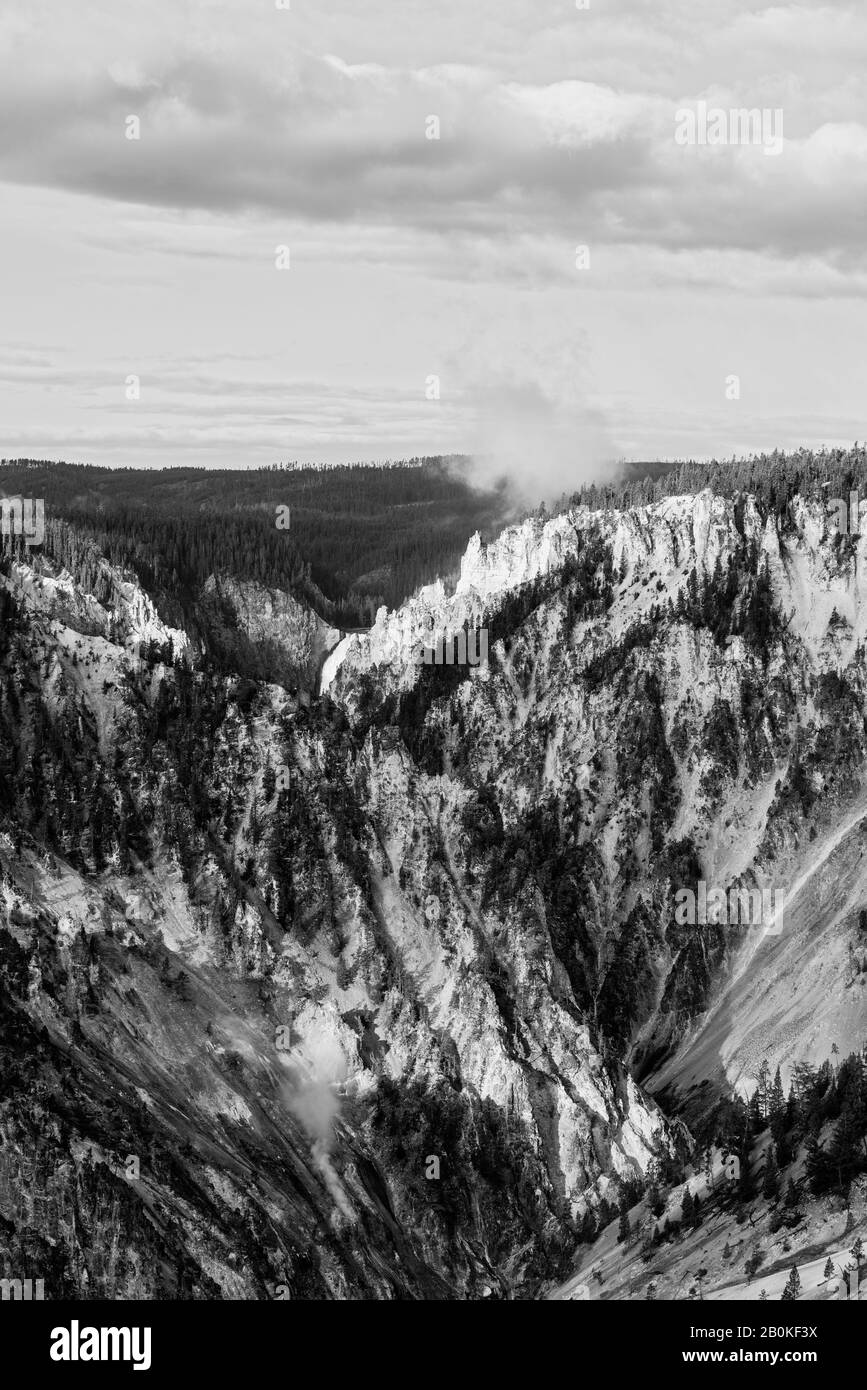 Black and white, canyon with waterfall under cloudy skies.. Shades and textures forest trees. Stock Photo