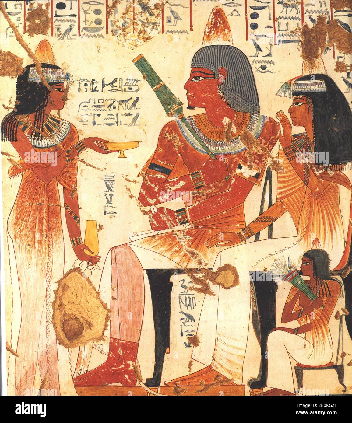 Nina de Garis Davies, Nebamun Receiving Wine, Twentieth Century; original New Kingdom, Nina de Garis Davies (1881–1965), Dynasty 18, reign of Amenhotep III–Akhenaten, A.D. 1916; original ca. 1390–1349 B.C., Original from Egypt, Upper Egypt, Thebes, el-Khokha, Tomb of Nebamun and Ipuky (TT181), Tempera on paper, facsimile: h. 92 cm (36 1/4 in); w. 64.5 cm (25 3/8 in), scale 1:1; framed: h. 95.3 cm (37 1/2 in); w. 67.3 cm (26 1/2 in Stock Photo