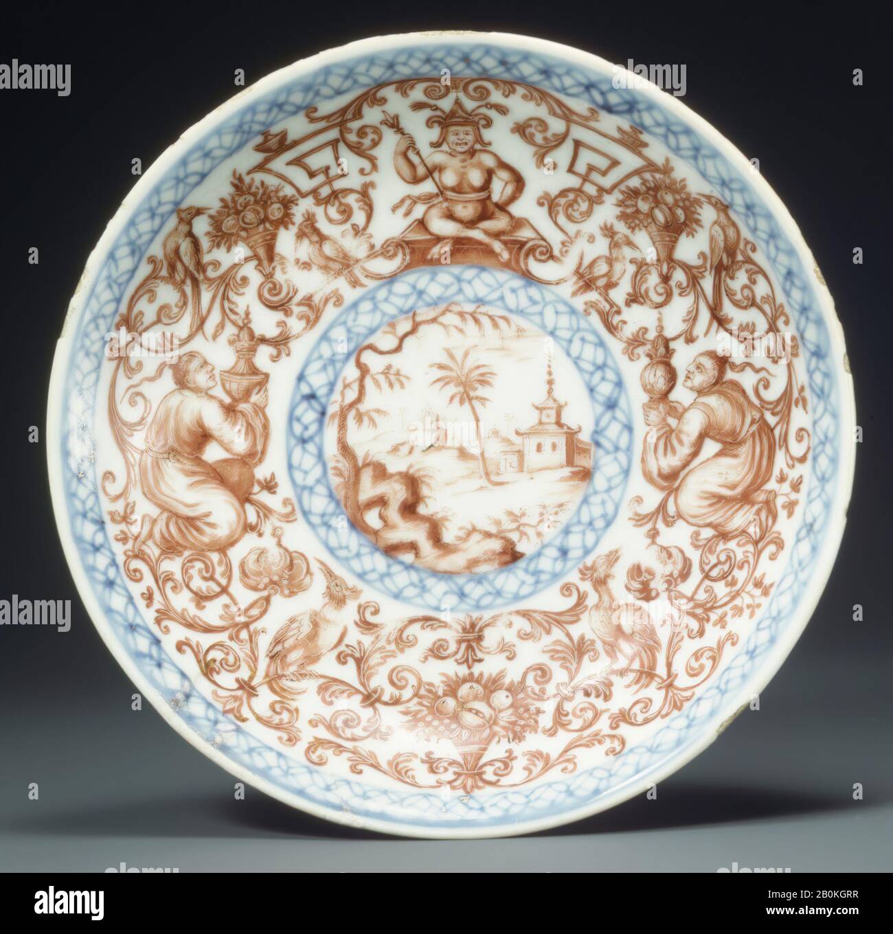 Decorated by the Hausmaler Ignaz Preissler, Saucer, Chinese with Bohemian, Kronstadt (Kunstàt) decoration, ca. 1730, Chinese with Bohemian, Kronstadt (Kunstàt) decoration, Hard-paste porcelain, Diam. 5 1/4 in. (13.3 cm.), Ceramics-Porcelain-Export Stock Photo