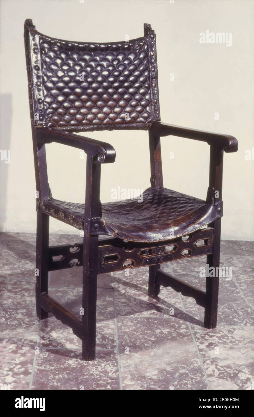 Folding armchair, Spanish, 16th century, Spanish, Walnut, leather, 48-3/4 x 24-1/4 in. (123.8 x 61.6 cm), Woodwork-Furniture Stock Photo