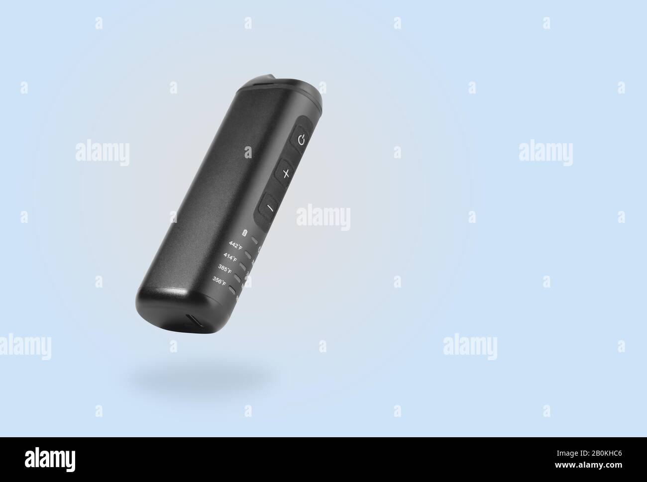 Flying black electronic cigarette on blue background. Modern Floating