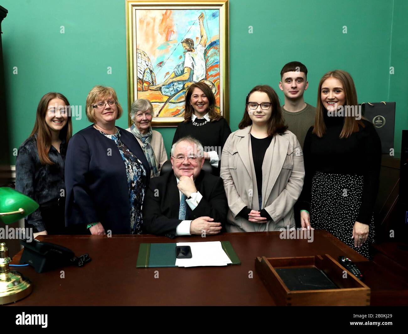 (200220) -- DUBLIN, Feb. 20, 2020 (Xinhua) -- Sean O Fearghail (C) poses for a group photo in an office inside the parliament building in Dublin, Ireland, Feb, 20, 2020. Sean O Fearghail has been re-elected as speaker of the lower house of the parliament of Ireland, lower house clerk Peter Finnegan announced here on Thursday. (The Houses of the Oireachtas/Handout via Xinhua) Stock Photo