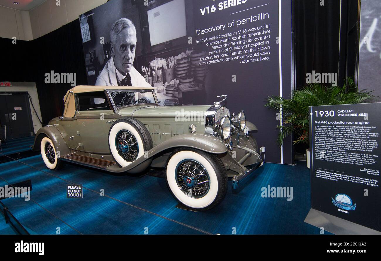 Toronto, Canada. 20th Feb, 2020. A 1930 Cadillac V16 Series 452 is seen during the Cobble Beach Classics exhibition of the 2020 Canadian International AutoShow (CIAS) in Toronto, Canada, on Feb. 20, 2020. The exhibition runs from Feb. 14 to 23, featuring 15 classic cars. Credit: Zou Zheng/Xinhua/Alamy Live News Stock Photo