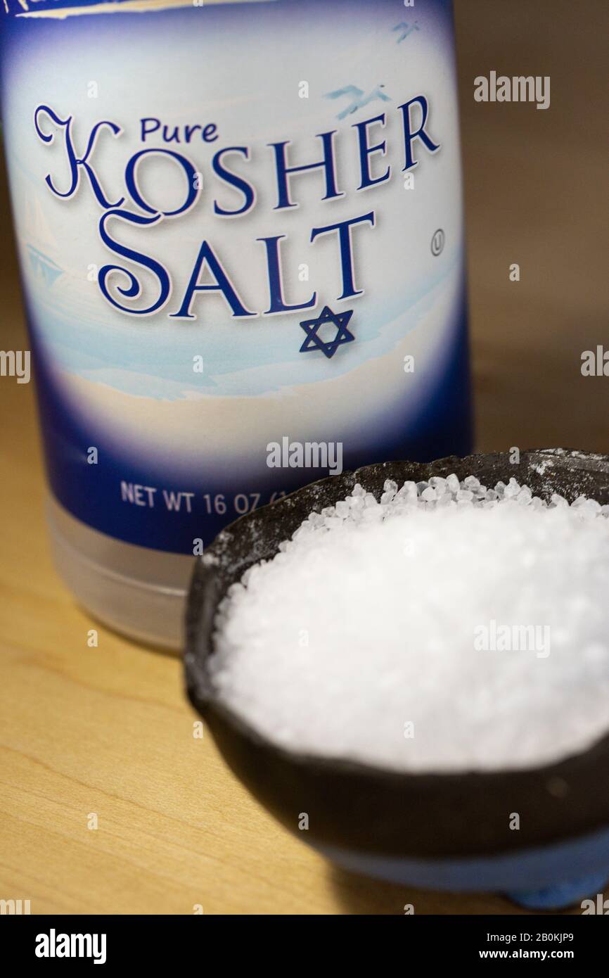Kosher Salt bowl and package still life, USA Stock Photo