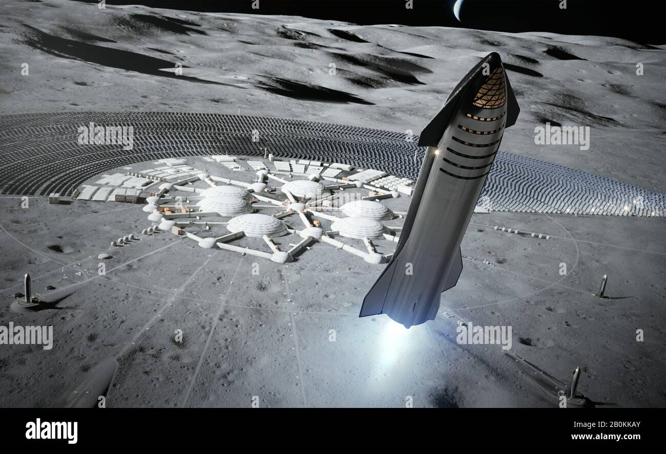 MARS - 29 Sep 2019 - Artist's impression of life in a Lunar colony with SpaceX Starships, one launching off the surface of the Red Planet. The SpaceX Stock Photo