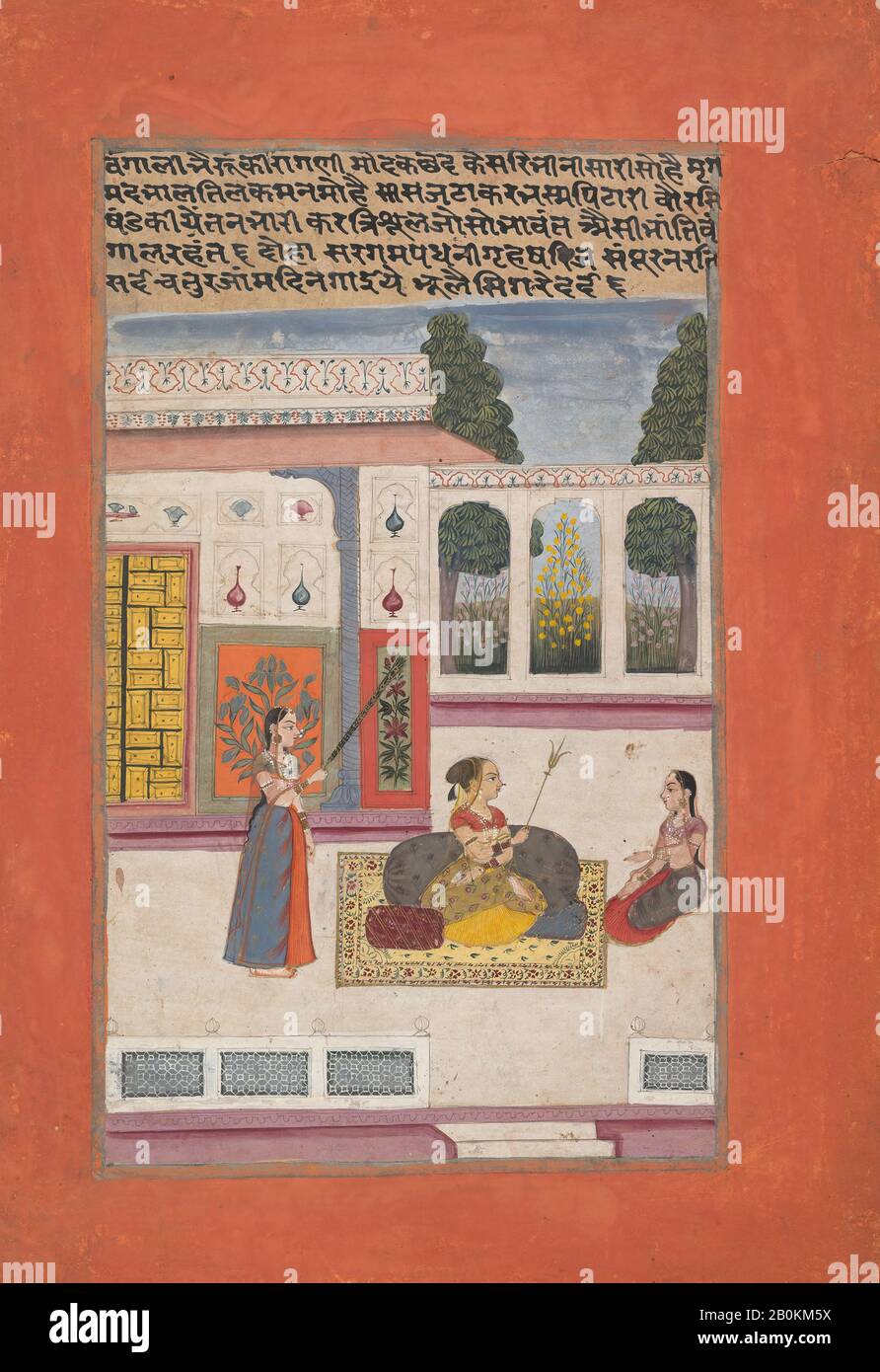 Bangali Ragini: Folio from a ragamala series (Garland of Musical Modes), India (Rajasthan, Amber), 1709, India (Rajasthan, Amber), Ink, opaque watercolor, and gilt on paper, 13 3/4 x 9 1/8 in. (34.9 x 23.2 cm), Paintings Stock Photo