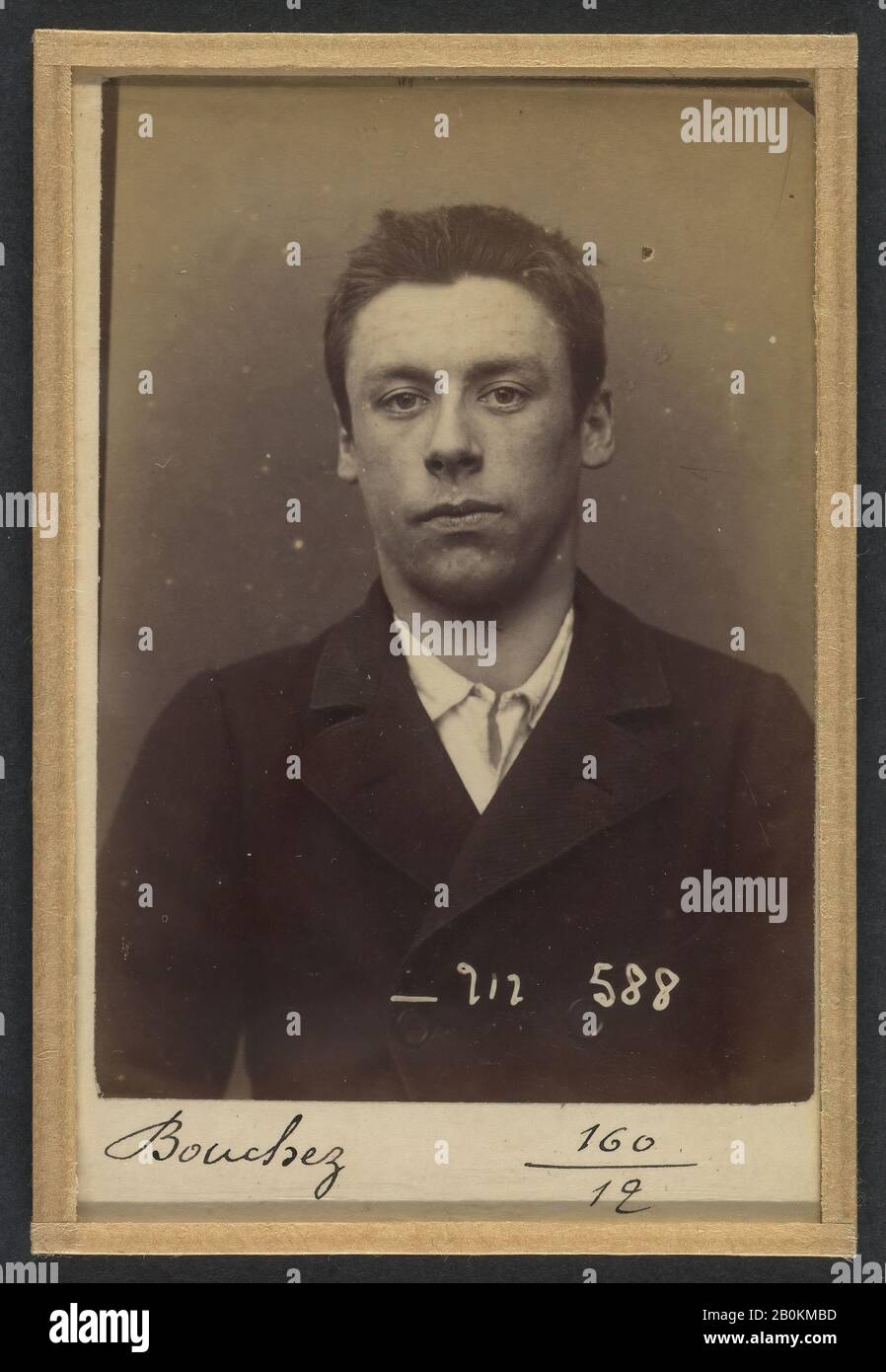 Alphonse Bertillon, Bouchez. Louis. 19 ans, né le 29/8/75 à Paris XXe. Sculpteur. Anarchiste. 6/1/94., Alphonse Bertillon (French, 1853–1914), 1894, Albumen silver print from glass negative, 10.5 x 7 x 0.5 cm (4 1/8 x 2 3/4 x 3/16 in.) each, Photographs Stock Photo