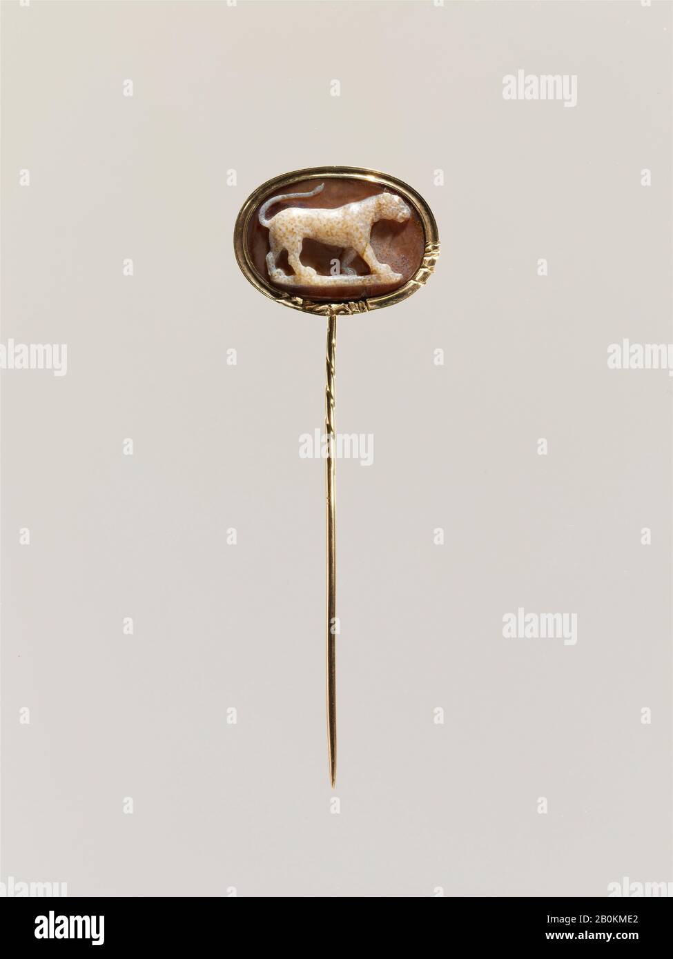 Walking leopard, Italian, 18th century, Italian, Sardonyx, mounted in gold as a pin, subsequently gouged, Overall: 7/8 x 1 3/16 in. (2.3 x 3.1 cm); visible cameo: 18.6 x 27 mm, Lapidary Work-Gems Stock Photo