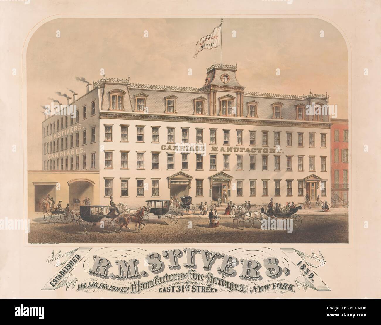 Hatch & Co., R. M. Stivers, Manufacturers of Fine Carriages, 146-152 East 31st Street, New York, 1872–73, Color lithograph, image: 18 1/16 x 25 9/16 in. (45.9 x 64.9 cm), sheet: 23 3/4 x 29 15/16 in. (60.4 x 76 cm), Prints Stock Photo