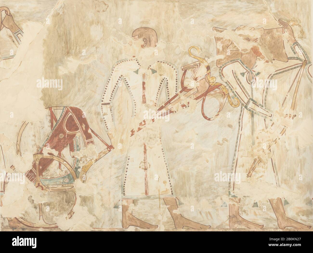 Nina de Garis Davies, Syrians Bringing an Ingot and a Chariot, tomb of Rekhmire, New Kingdom, Nina de Garis Davies (1881–1965), Dynasty 18, ca. 1504–1425 B.C., Original from Egypt, Upper Egypt, Thebes, Sheikh Abd el-Qurna, Tomb of Rekhmire (TT 100), Paper, tempera paint, ink, facsimile: h. 42 cm (16 9/16 in); w. 55.5 cm (21 7/8 in), scale 1:1, framed: h. 45.2 (17 13/16 in); w. 59.7 (23 1/2 in); th. 1.9 cm (3/4 in Stock Photo