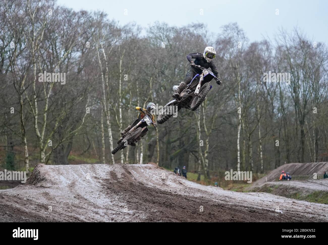 Jack Bintcliffe (52) leads Gianluca Facchetti (22) over a jump during practice at the Hawkstone International Motocross race, in Hawkstone Park, Shrewsbury, United Kingdom. February 9 2020. (Photo by IOS/ESPA-Images) Stock Photo