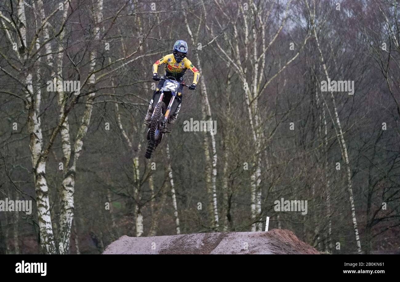 Gianluca Facchetti makes a jump during practice at the Hawkstone International Motocross race, in Hawkstone Park, Shrewsbury, United Kingdom. February 9 2020. (Photo by IOS/ESPA-Images) Stock Photo