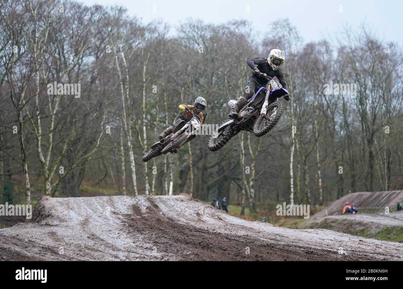 Jack Bintcliffe (52) leads Gianluca Facchetti (22) over a jump during practice at the Hawkstone International Motocross race, in Hawkstone Park, Shrewsbury, United Kingdom. February 9 2020. (Photo by IOS/ESPA-Images) Stock Photo