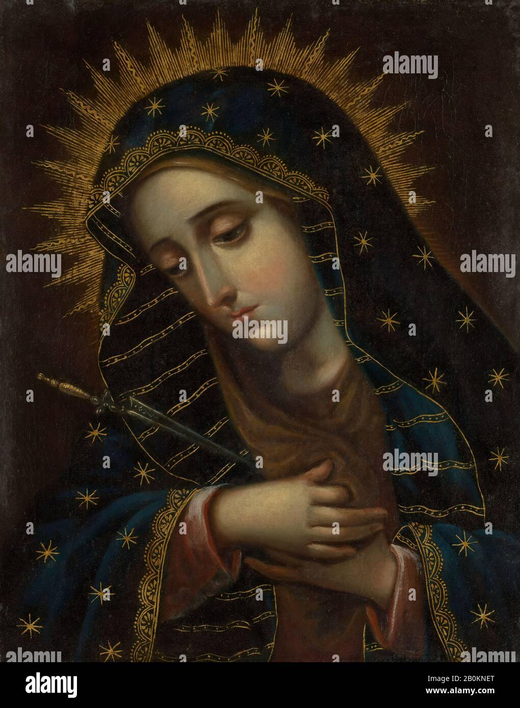 The Virgin of Sorrows, Spanish Colonial, 18th century, Possibly made in Mexico, Spanish Colonial, Oil on canvas, Overall: 10 3/4 x 8 1/2 in. (27.3 x 21.6 cm), Paintings Stock Photo