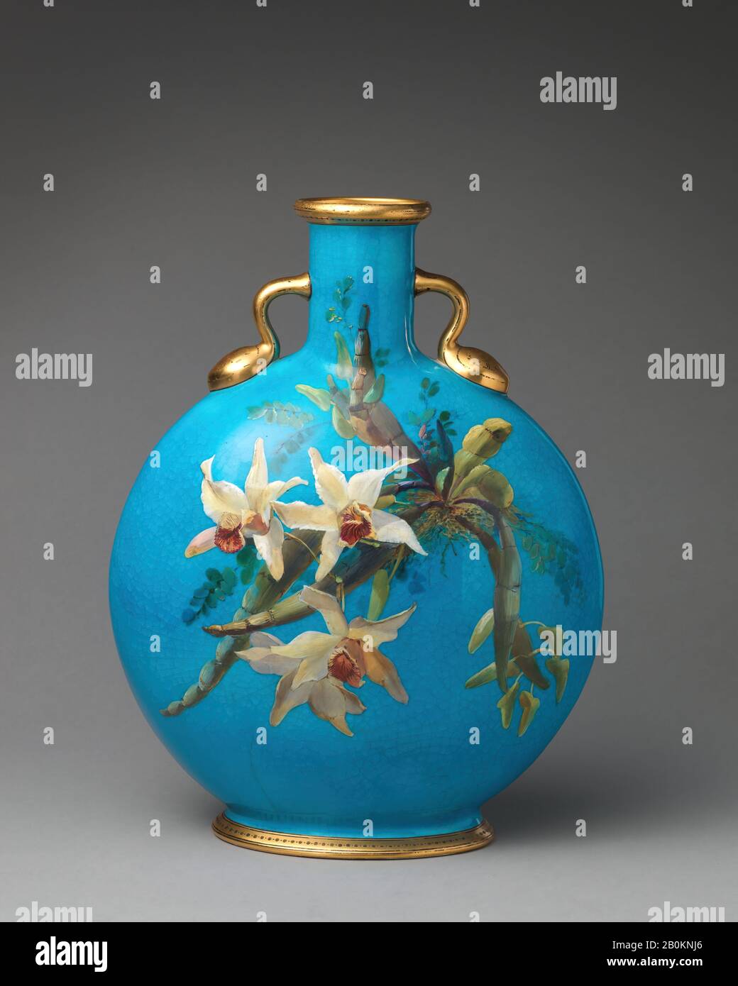 Minton(s), Moon flask with orchids, British, Stoke-on-Trent, Staffordshire, Minton(s) (British, Stoke-on-Trent, 1793–present), ca. 1872, British, Stoke-on-Trent, Staffordshire, Bone china, confirmed: 12 3/8 × 9 1/2 × 5 1/16 in. (31.4 × 24.1 × 12.9 cm), Ceramics-Porcelain Stock Photo