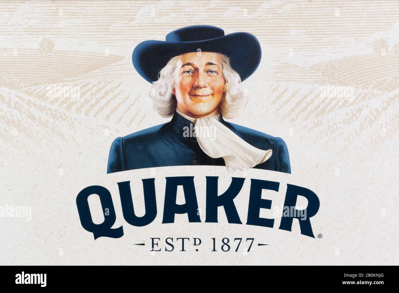 A close up of the brand logo as seen on a box of Quaker rolled oats. Stock Photo