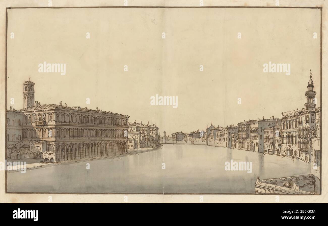 Bernardo Bellotto, The Grand Canal, with the Fabbriche Nuove on the Left and Campanile of Santi Apostoli on the Right, Bernardo Bellotto (Italian, Venice 1722–1780 Warsaw), ca. 1736–37, Pen and brown ink, gray wash, 10 1/16 x 16 15/16 in. (25.5 x 43 cm), Drawings Stock Photo
