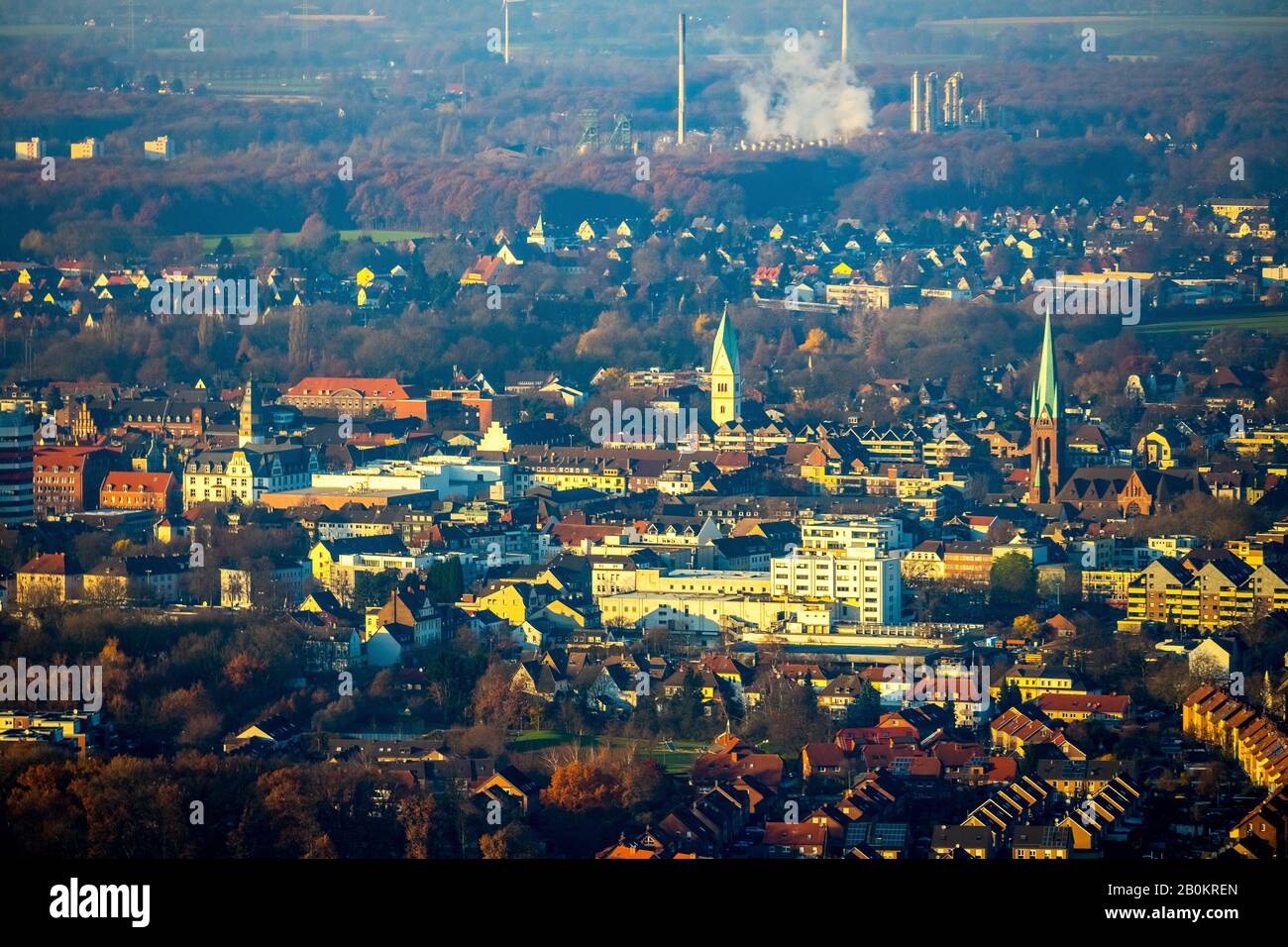 Aerial view, city centre view, provost church St. Lamberti church, Christ church, city hall with tower, view north to Uniper power plant, Gladbeck, Ru Stock Photo