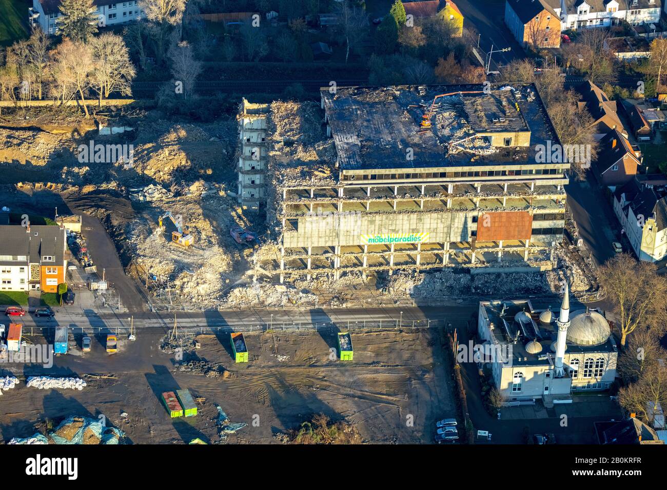 Aerial photo, demolition work of furniture paradise ruin, Bramsfeld, Mosque Turkish Islamic Culture Association, Wielandstraße, Gladbeck, Ruhr Area, N Stock Photo