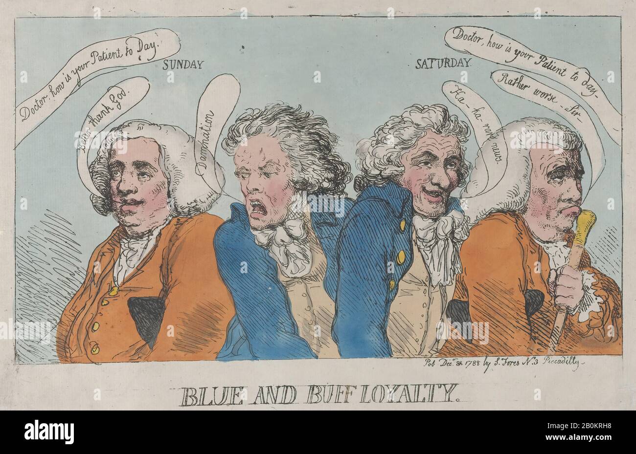 Thomas Rowlandson, Blue and Buff Loyalty, Thomas Rowlandson (British, London 1757–1827 London), Francis Willis, D.D., M.D. (British, 1718–1807), Richard Brinsley Sheridan (Irish, Dublin 1751–1816 London), December 31, 1788, Hand-colored etching, Sheet: 9 in. × 13 7/8 in. (22.8 × 35.2 cm), Prints Stock Photo