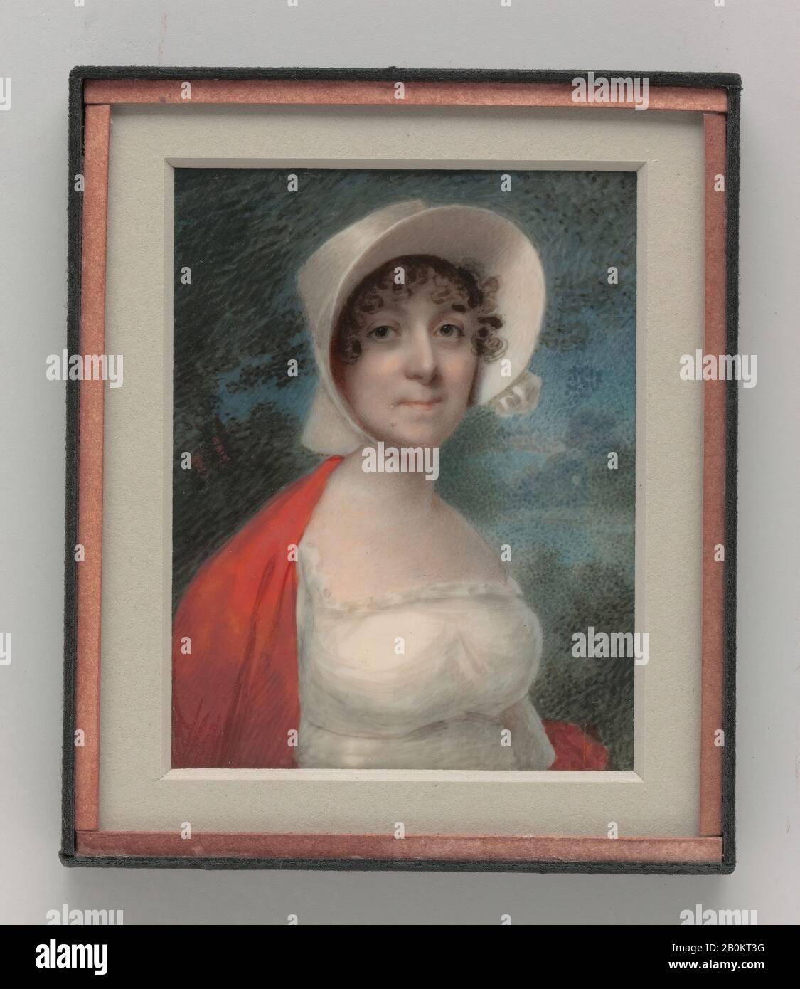 Portrait of a Lady, American, ca. 1805, American, Watercolor on ivory, 3 5/16 x 2 9/16 in. (8.4 x 6.5 cm), Paintings Stock Photo