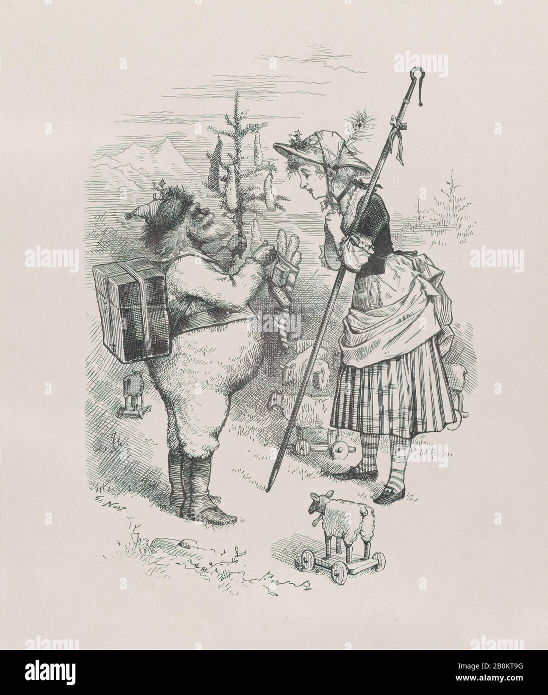 Thomas Nast, Santa Claus and Little Bo Peep, Thomas Nast (American (born Germany), Landau 1840–1902 Guayaquil), December 23, 1879, Electrotype proof of a wood engraving, Sheet: 11 1/8 × 9 3/8 in. (28.2 × 23.8 cm), Prints Stock Photo