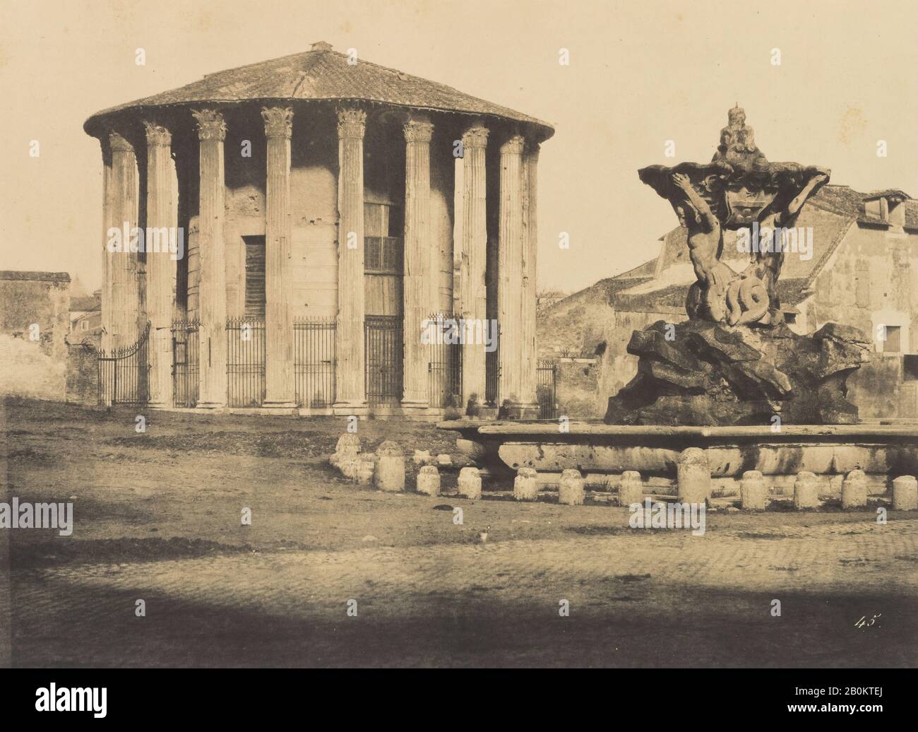 Attributed to Firmin-Eugène Le Dien, Temple of Vesta and Fountain, Piazza Bocca della Verita, Attributed to Firmin-Eugène Le Dien (French, 1817–1865), in collaboration with Gustave Le Gray (French, 1820–1884), ca. 1855, Salted paper print from paper negative, 23.7 x 19 cm (9 5/16 x 7 1/2 in. ), Photographs Stock Photo