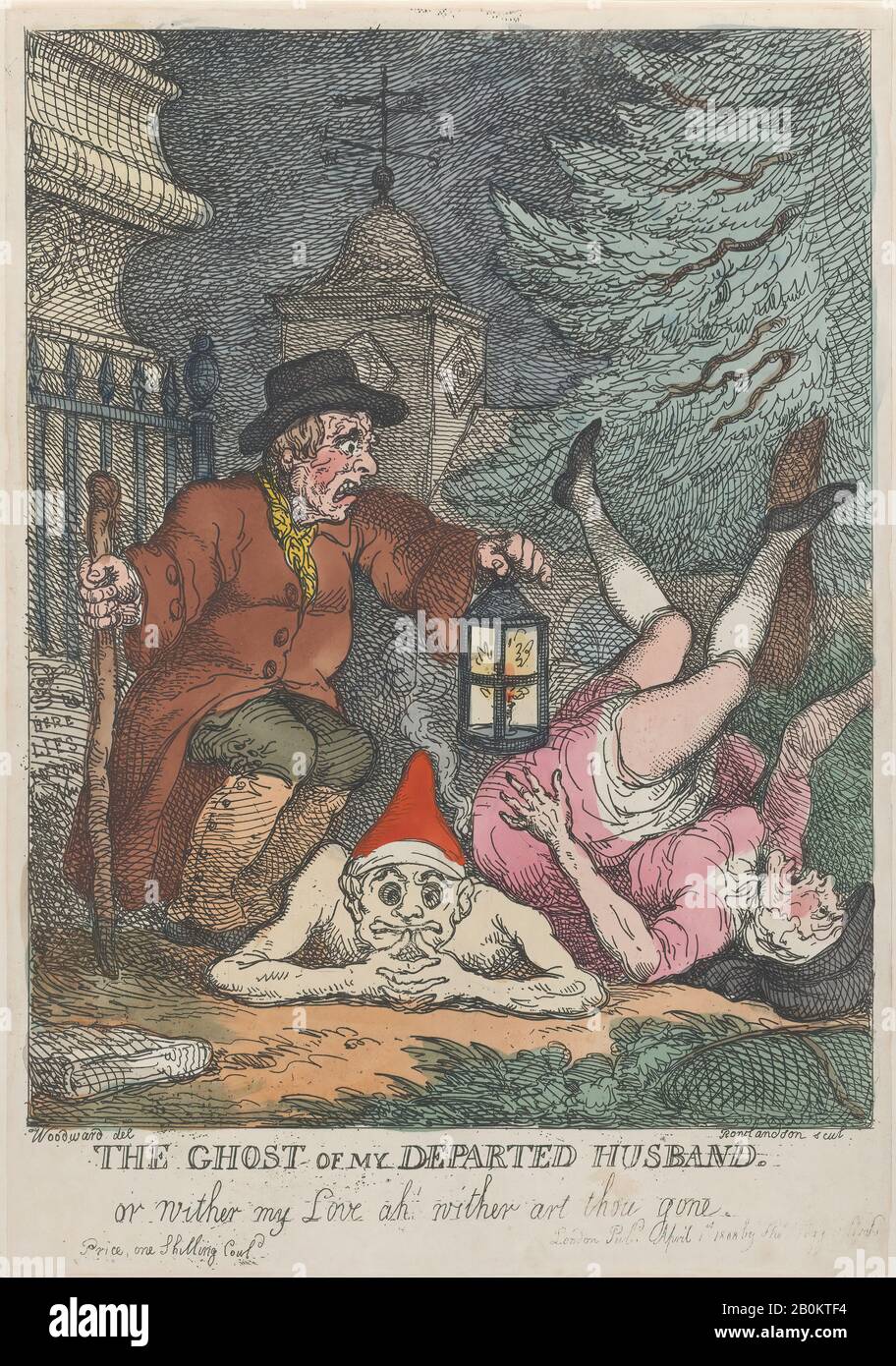 Thomas Rowlandson, The Ghost of My Departed Husband, or Wither my Love ah wither art thou gone, Thomas Rowlandson (British, London 1757–1827 London), After George Moutard Woodward (British, ca. 1760–1809 London), April 1, 1808, Hand-colored etching, Sheet: 13 1/8 × 9 3/16 in. (33.4 × 23.4 cm), Prints Stock Photo