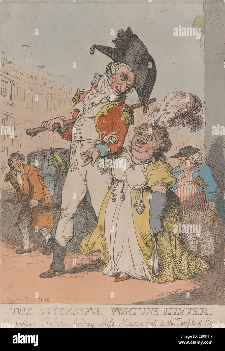 Thomas Rowlandson, The Successful Fortune Hunter, or Captain Shelalee Leading Miss Marrowfat to the Temple of Hymen, Thomas Rowlandson (British, London 1757–1827 London), [1802], reissued 1818, Hand-colored etching, Sheet: 12 13/16 × 8 7/8 in. (32.6 × 22.5 cm), Prints Stock Photo