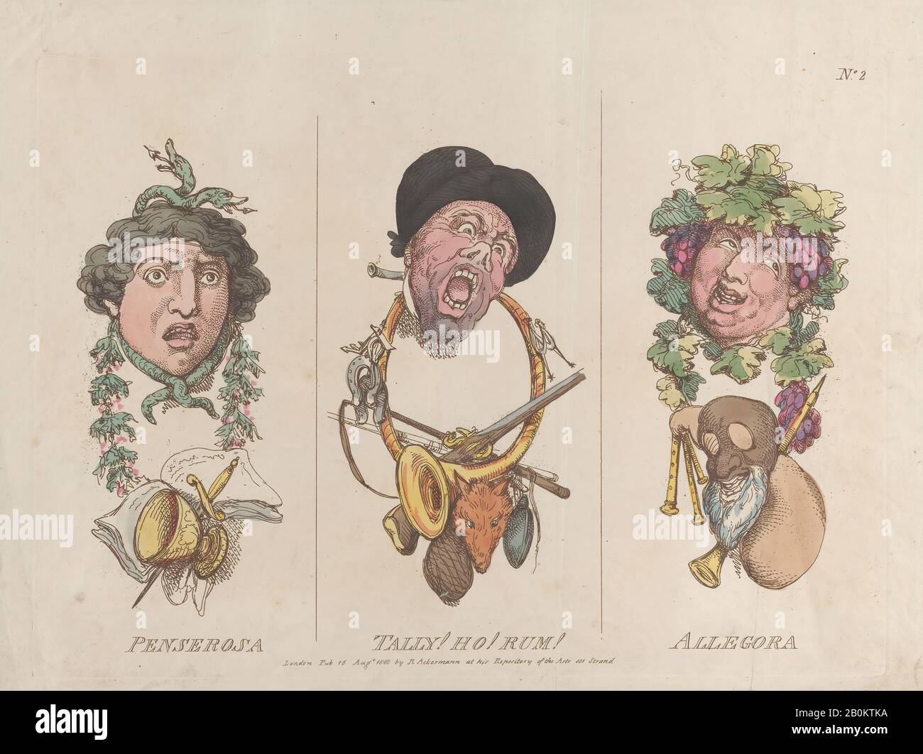 Thomas Rowlandson, Penserosa, Tally! Ho! Rum!, Allegora, Thomas Rowlandson (British, London 1757–1827 London), August 15, 1800, Hand-colored etching, Plate: 10 5/8 × 14 5/8 in. (27 × 37.1 cm), Sheet: 12 1/8 × 16 3/16 in. (30.8 × 41.1 cm), Prints Stock Photo