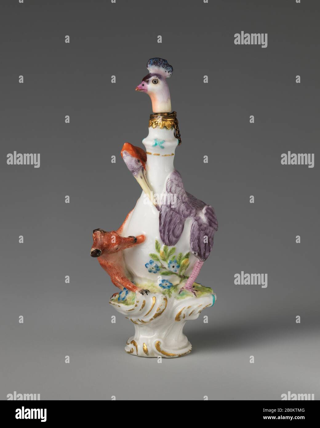 Chelsea Porcelain Manufactory, Fox and stork in a group, British, Chelsea, Chelsea Porcelain Manufactory (British, 1745–1784, Red Anchor Period, ca. 1753–58), 1753–58, British, Chelsea, Soft-paste porcelain, 4 5/16 × 2 in. (11 × 5.1 cm), Ceramics-Porcelain Stock Photo