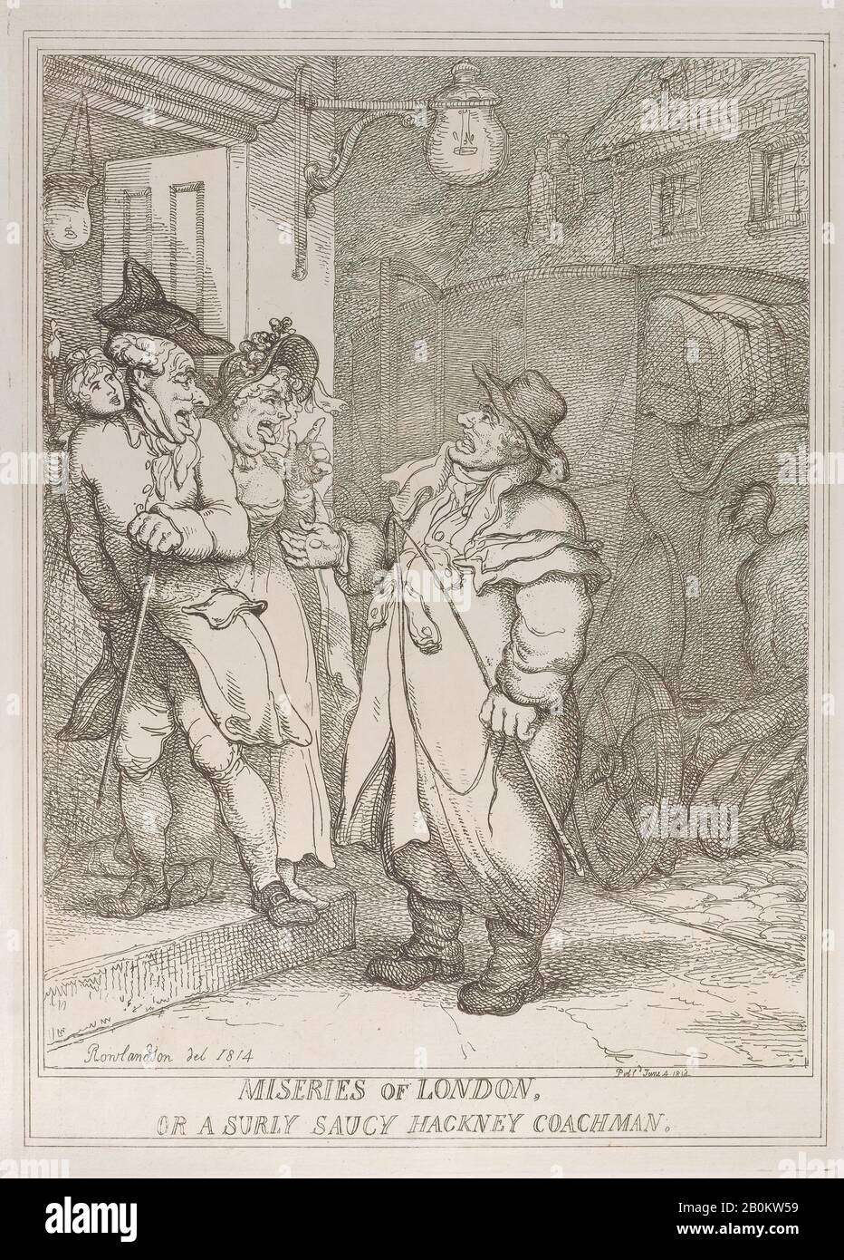 Thomas Rowlandson, Miseries of London, or a Surly Saucy Hackney Coachman, Thomas Rowlandson (British, London 1757–1827 London), June 4, 1814, Etching, Plate: 13 7/8 × 9 13/16 in. (35.3 × 25 cm), Sheet: 19 5/8 × 13 11/16 in. (49.8 × 34.8 cm), Prints Stock Photo