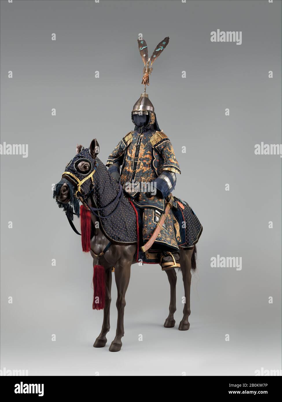 Ceremonial Armors for Man (Dingjia) and Horse, Chinese, 18th century, Chinese, Steel, gold, silver, velvet, satin, iron, coral, malachite, turquoise, crystal, silk, cotton, brass, pearls, marten, feathers (kingfisher), paper, lacquer, Helmet (a); H. including nape defense 19 in. (48.3 cm); H. excluding nape defense 11 1/2 in. (29.2 cm); W. 8 3/16 in. (20.8 cm); D. 9 3/4 in. (24.8 cm); Wt. 3 lbs. 11.8 oz. (1695.3 g); helmet lining (b); Wt. 2.8 oz. (79.4 g), Armor for Horse and Man Stock Photo