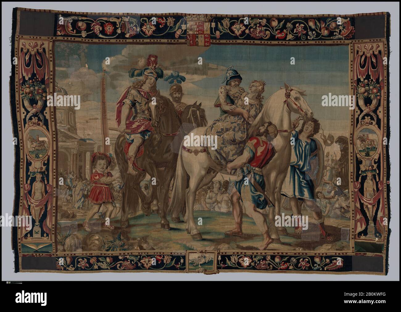 Frans Cleyn, The Seizure of Cassandra by Ajax from a set of The Horses, British, probably Mortlake, Probably made at Mortlake Tapestry Manufactory (British, 1619–1703), ca. 1650–70, British, probably Mortlake, Wool, silk (16-19 warps per inch, 6-7 per cm.), H. 144 x W. 198 inches (365.8 x 502.9 cm), Textiles-Tapestries Stock Photo