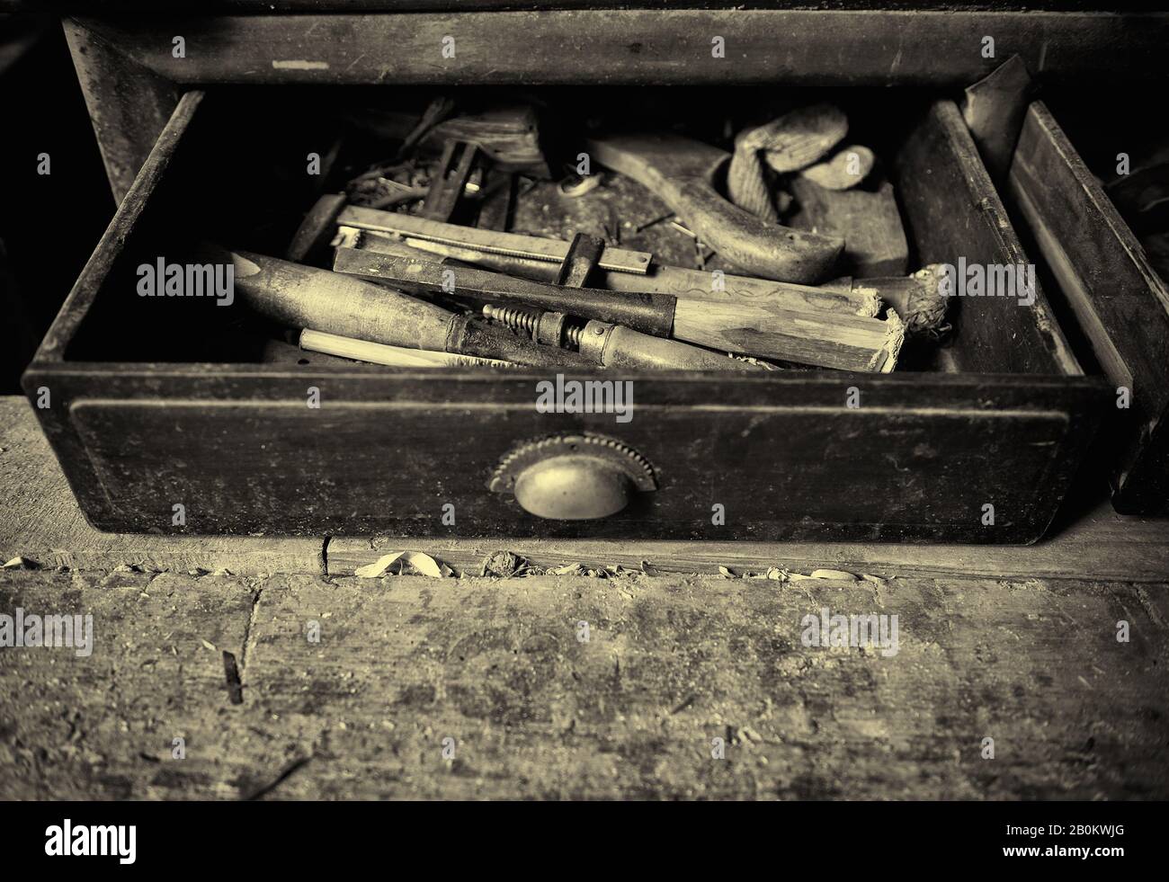 Used hand tools in wooden drawer Stock Photo Alamy
