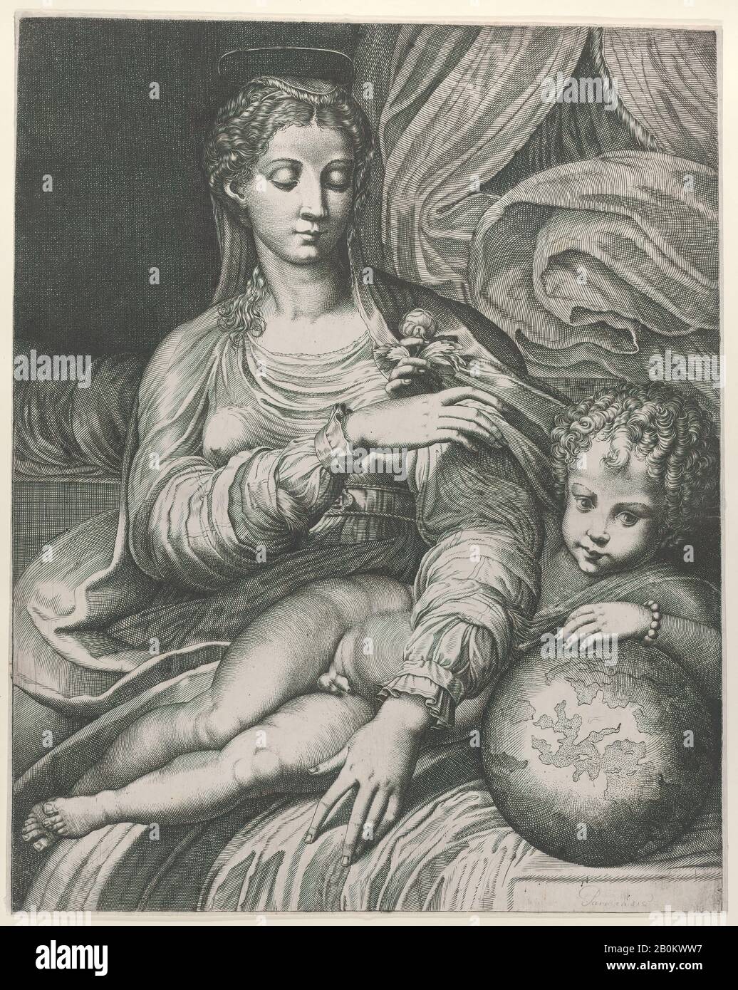 Domenico Tibaldi, Madonna of the Rose, she reaches for a rose held by the Christ child, who rests his left arm on a globe, Domenico Tibaldi (Italian, 1541–1583 (active Bologna)), After Parmigianino (Girolamo Francesco Maria Mazzola) (Italian, Parma 1503–1540 Casalmaggiore), 1560–75, Engraving, Sheet (Trimmed): 16 5/8 × 13 1/2 in. (42.3 × 34.3 cm), Prints Stock Photo