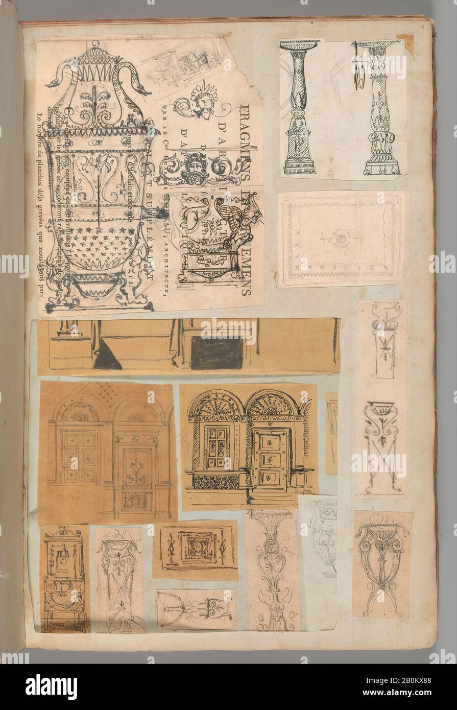 Workshop of Charles Percier, Page from a Scrapbook containing Drawings and Several Prints of Architecture, Interiors, Furniture and Other Objects, Workshop of Charles Percier (French, Paris 1764–1838 Paris), Workshop of Pierre François Léonard Fontaine (French, Pontoise 1762–1853 Paris), ca. 1800–1850, Pen and black and gray ink, graphite, black chalk, 15 11/16 x 10 in. (39.8 x 25.4 cm Stock Photo