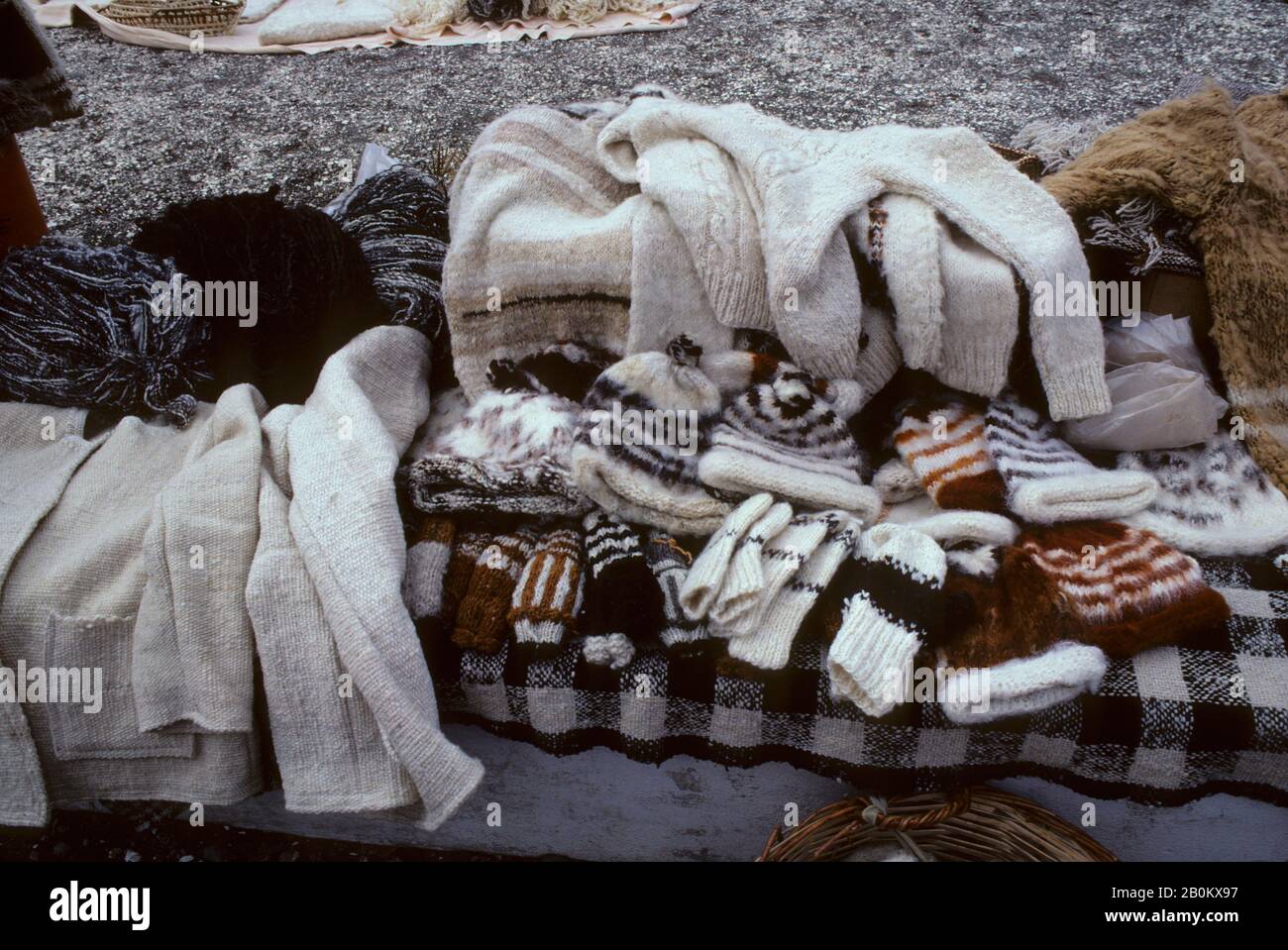 CHILE, (SOUTHERN CHILE) CHILOE ISLAND, DALCAHUE, LOCAL MARKET, HAND-MADE WOOLENS Stock Photo