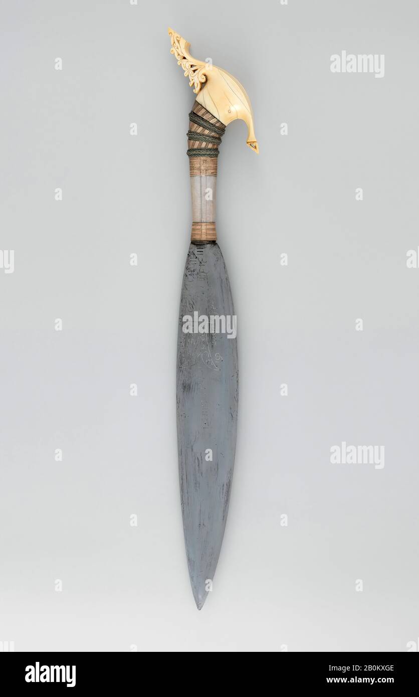 Knife (Barong) with Sheath, Philippine, Jolo Island or Zamboanga Peninsula, 19th century, Sulu, Philippine, Jolo Island or Zamboanga Peninsula, Steel, wood, ivory, silver, copper, gold, L. with sheath 28 in. (71.1 cm); L. without sheath 24 in. (61 cm); L. of blade 15 in. (38.1 cm); W. 3 5/8 in. (9.2 cm); Wt. 1 lb. 10.8 oz. (759.8 g); Wt. of sheath 7.9 oz. (224 g), Knives Stock Photo