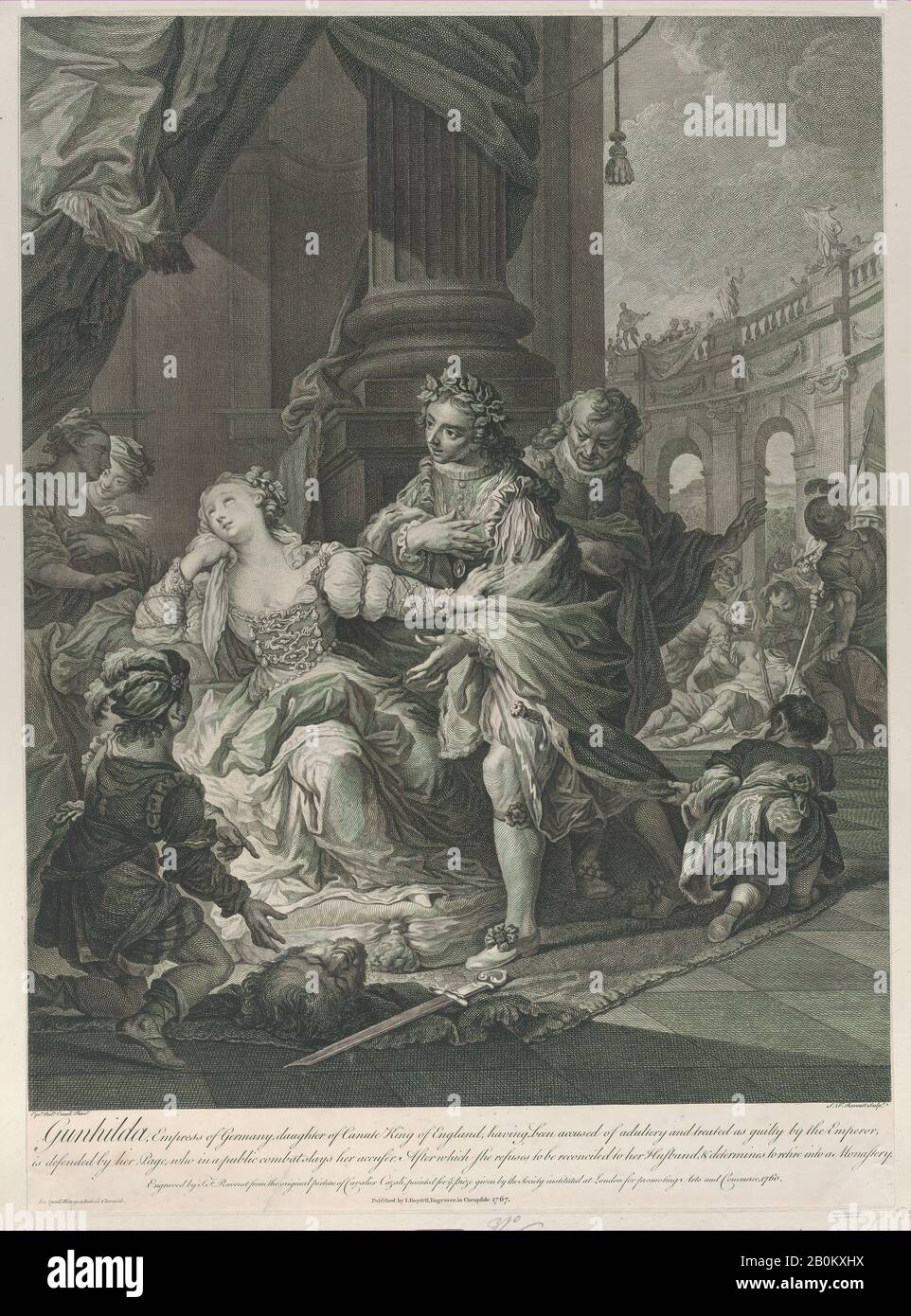 Simon Francis Ravenet, the elder, Gunhilda accused of adultery, Simon Francis Ravenet, the elder (French, 1706–1774), After Andrea Casali (Italian, 1705–1784), 1760, Engraving, Sheet (Trimmed): 19 5/8 × 14 3/8 in. (49.8 × 36.5 cm), Prints Stock Photo