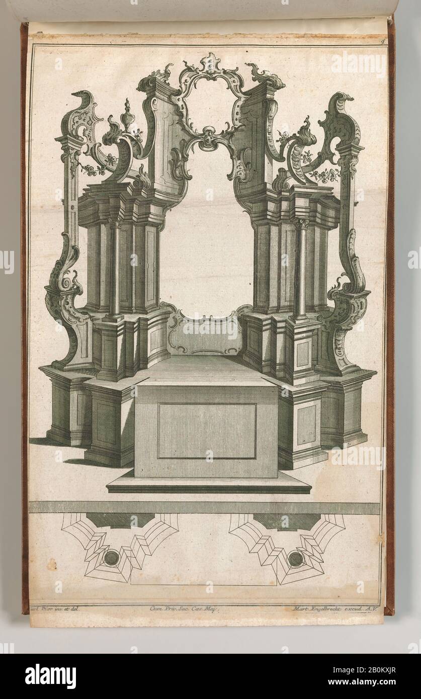 Jacob Gottlieb Thelot, Design for a Monumental Altar, Plate 'q' from 'Unterschiedliche Neu Inventierte Altäre mit darzu gehörigen Profillen u. Grundrißen.', Jacob Gottlieb Thelot (German, Augsburg 1708–1760 Augsburg) (?), After Carl Pier (German, active Augsburg, ca. 1750), Printed ca. 1750–56, Etching, Overall: 8 7/16 × 13 3/4 in. (21.5 × 35 cm Stock Photo