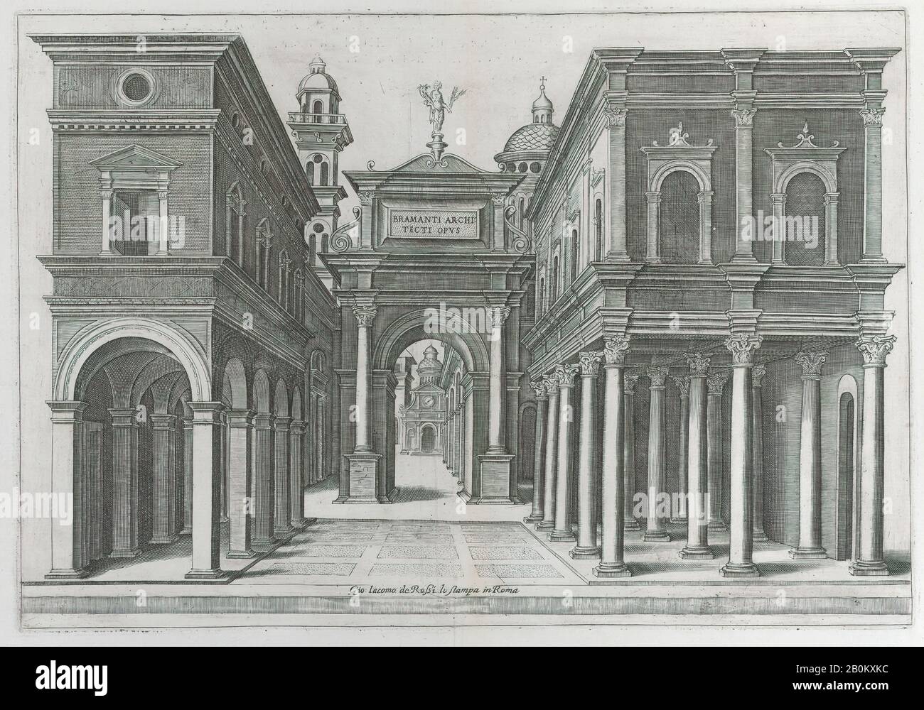 School of Donato d'Agnolo Bramante, A street with buildings, colonnades and an arch, School of Donato d'Agnolo Bramante (Italian, 1444–1515), 1475–1510, Engraving; third state of three, Plate: 10 3/8 × 14 7/8 in. (26.3 × 37.8 cm), Sheet: 14 15/16 × 19 5/8 in. (38 × 49.9 cm Stock Photo