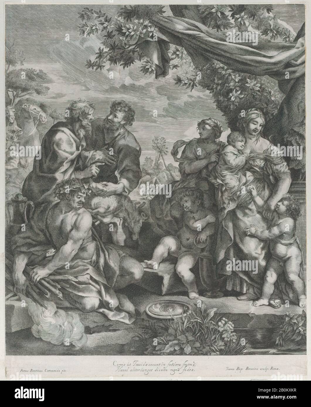 Giovanni Battista Bonacina, Allegorical scene with a sacrificial lamb, Giovanni Battista Bonacina (Italian, Milan 1620–ca. 1670), After Pietro da Cortona (Pietro Berrettini) (Italian, Cortona 1596–1669 Rome), 1640–70, Etching and engraving, Sheet (Trimmed): 13 3/4 × 11 1/8 in. (35 × 28.3 cm), Prints Stock Photo
