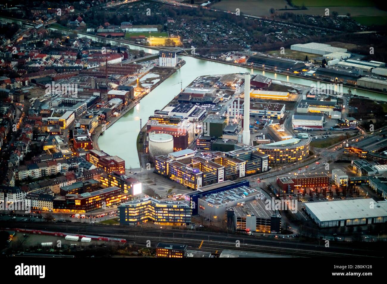 Aerial photo, Münster city harbour with harbour path, Mittelhafen, Dortmund-Ems canal, Albersloher Weg, night view, Münster, Münsterland, North Rhine- Stock Photo