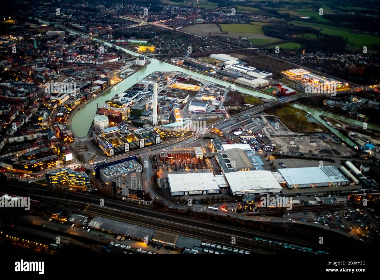 Aerial photo, Münster city harbour with harbour path, Mittelhafen, Dortmund-Ems canal, Albersloher Weg, night view, Münster, Münsterland, North Rhine- Stock Photo