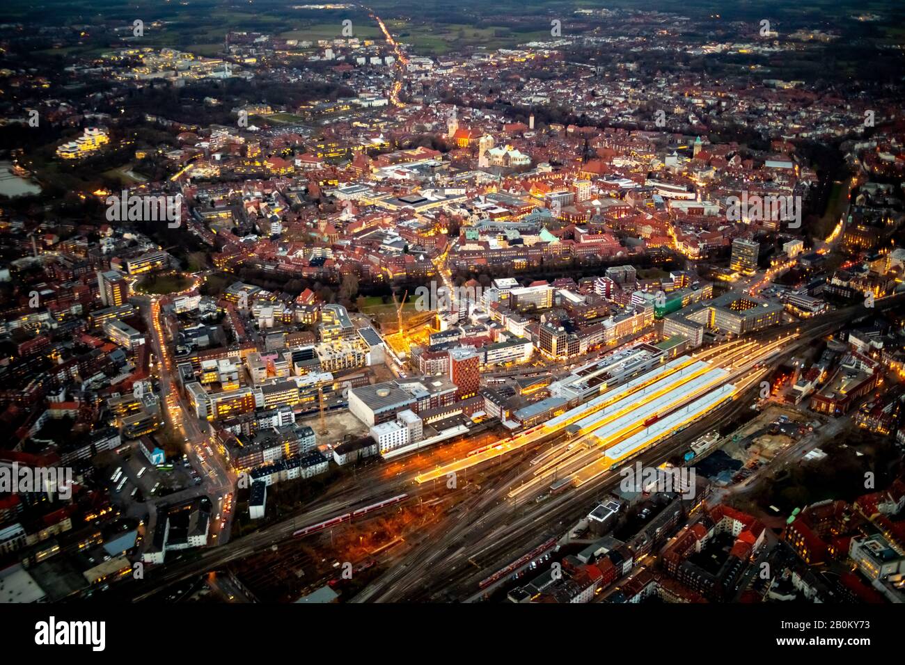 aerial view, overview of Münster, Münster (Westf) central station, construction site on the east side, Bremer Straße, Bremer Platz, , night view, Müns Stock Photo