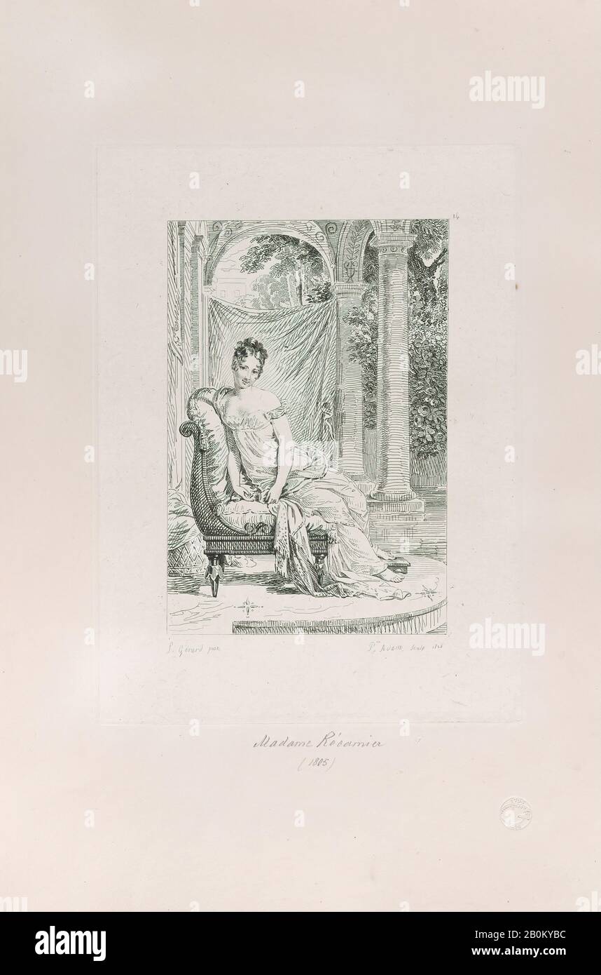Pierre Michel Adam, Madame Récamier, Collection des Portraits Historiques De M. Le Baron Gérard, Gravées a L'Eau-forte par M. Pierre Adam, After baron François Gérard (French, Rome 1770–1837 Paris), 1826, Etching, Plate: 10 11/16 × 7 7/8 in. (27.2 × 20 cm), Sheet: 17 5/16 × 11 13/16 in. (44 × 30 cm), Prints Stock Photo