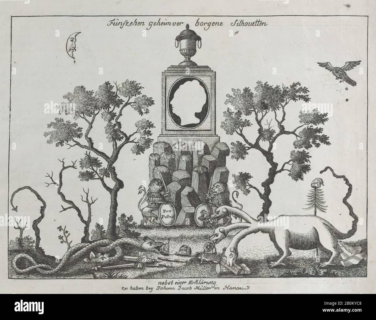Anonymous, German, 18th century, Landscape containing fifteen silhouettes, Anonymous, German, 18th century, Louis XVI, King of France (French, Versailles 1754–1793 Paris), Louis XVII (French, Versailles 1785–1795 Paris), Marie Antoinette, Queen of France (French (born Austria), Vienna 1755–1792 Paris), Marie Thérèse Charlotte of France (French, Versailles 1778–1851 Lanzenkirchen), Catherine II, Empress of Russia, Maximilien-François-Marie-Isidore de Robespierre (1758–1794), 1793–1800, Etching, crayon technique, Plate: 6 1/2 × 8 1/4 in. (16.5 × 21 cm), Sheet: 7 5/8 × 9 1/4 in. (19.3 × 23.5 cm Stock Photo