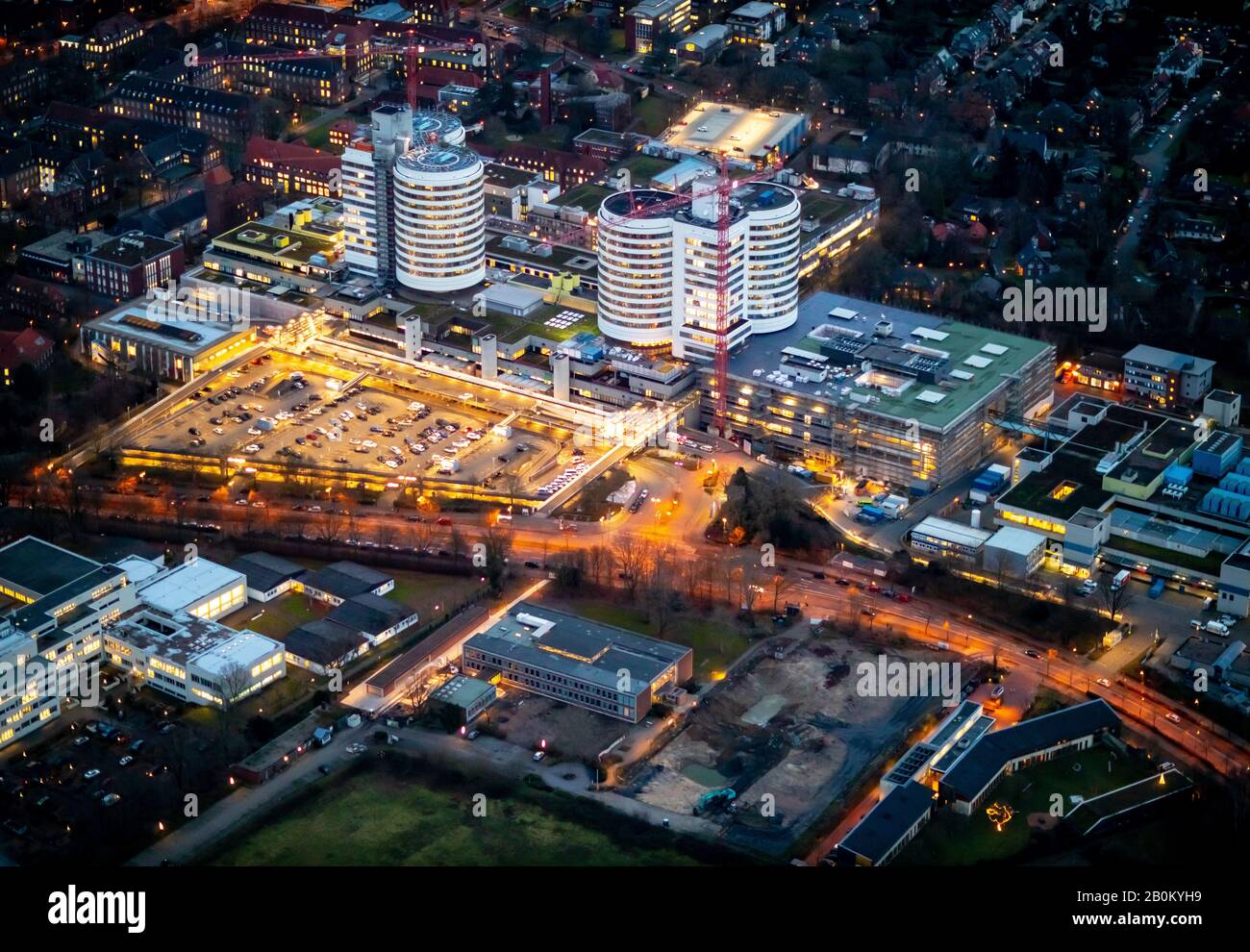 Aerial photograph, University Hospital Münster - UKM , Night photograph, Münster, Münsterland, North Rhine-Westphalia, Germany, DE, Europe, birds-eyes Stock Photo